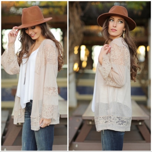 Taupe Lace Kimono Cardigan - Picture 2 of 3